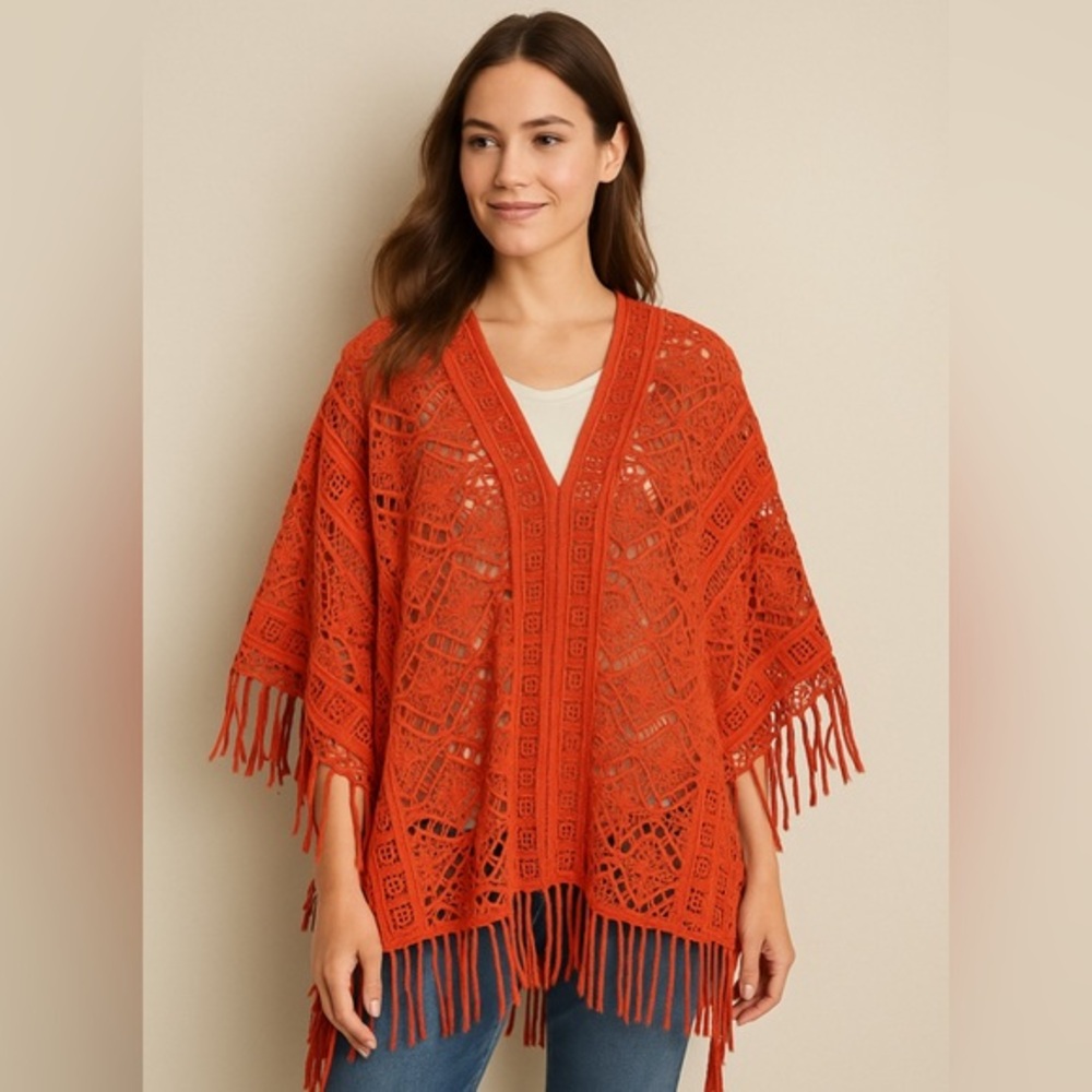 Soft Surroundings Red-Orange Crochet Lace Topper /‎ Cardigan – M/L Cotton Bojo